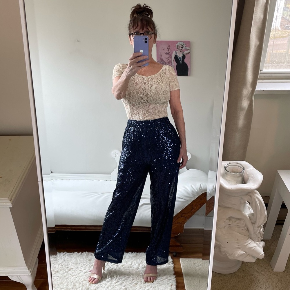 NAVY BLUE STRAIGHT LEG SEQUIN PNTS TROUSERS POCKETS STRETCH WAIST SHEER